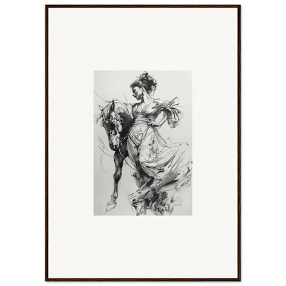 Black and white sketch of a figure on a horse, part of Thoughts Unbridled Dance collection