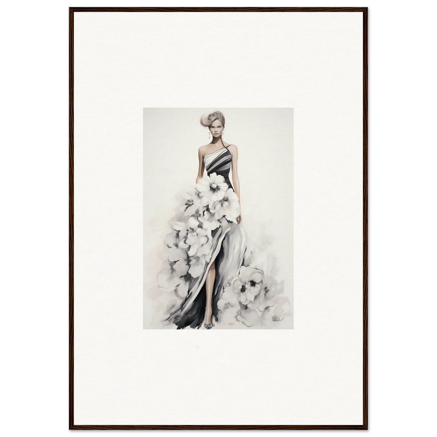 Elegant black and white one-shoulder gown illustration for Dreamy Blossom Mirage art