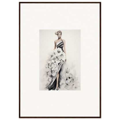 Elegant black and white one-shoulder gown illustration for Dreamy Blossom Mirage art