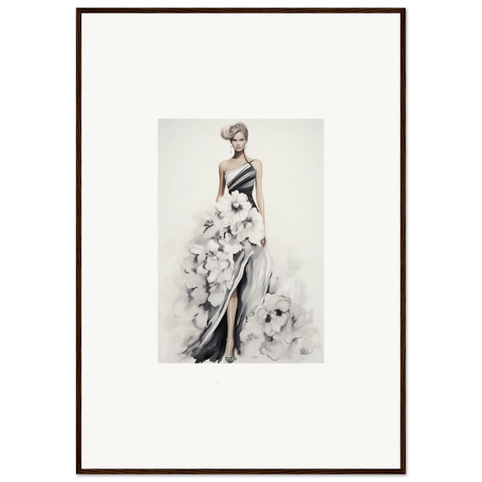 Elegant black and white one-shoulder gown illustration for Dreamy Blossom Mirage art