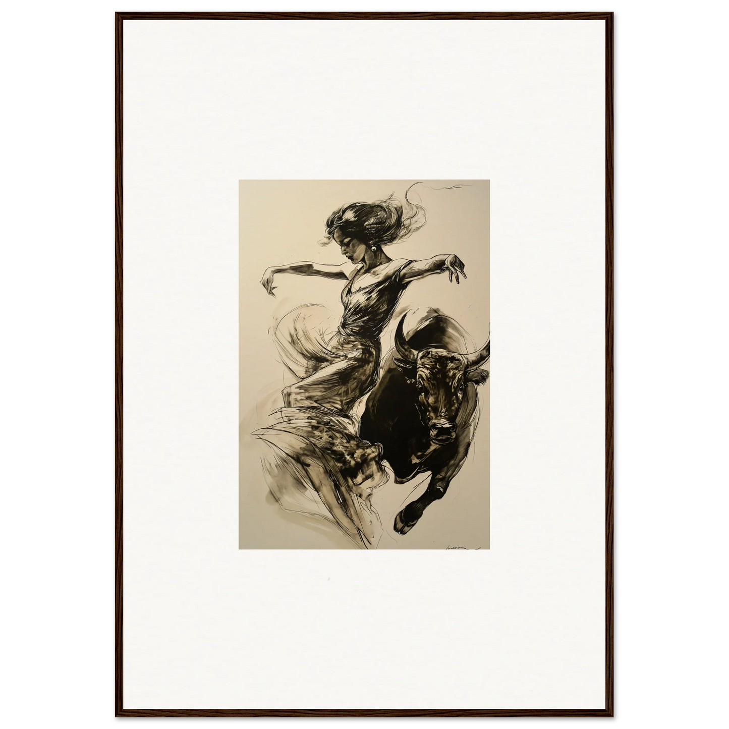 Dynamic sketch of a dancer and charging bull in Resilient Dancer Flame framed wall art