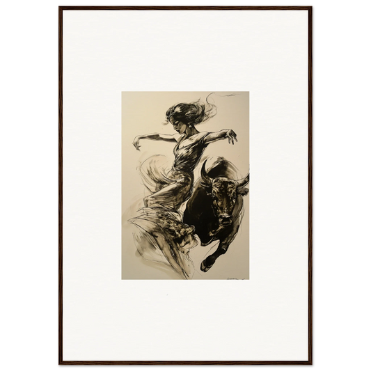 Dynamic sketch of a dancer and charging bull in Resilient Dancer Flame framed wall art