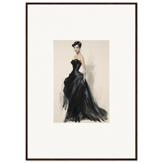 Elegant fashion illustration of a strapless black gown from Eclipse Embraces Shadows