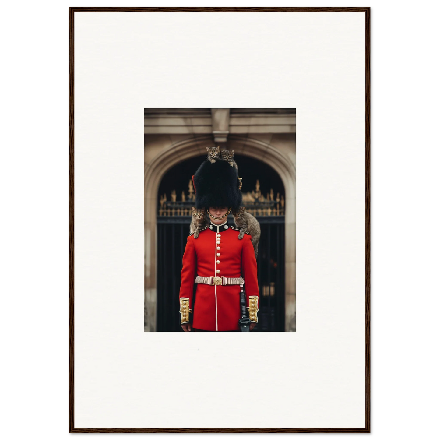 Royal guard in red uniform and bearskin hat for Monarch’s Dreamaroos premium framed wall