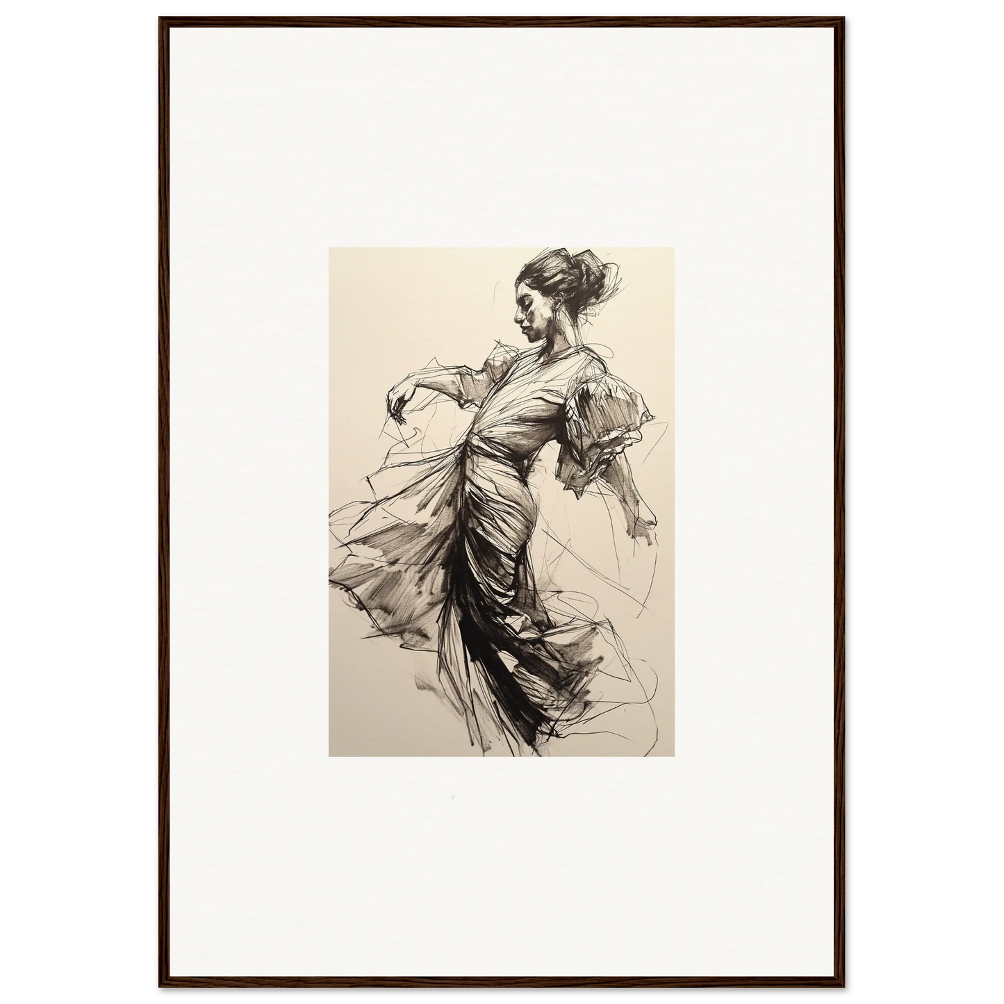 Elegant sketch of a dancer in flowing dress for Whirling Midnight Form framed wall art