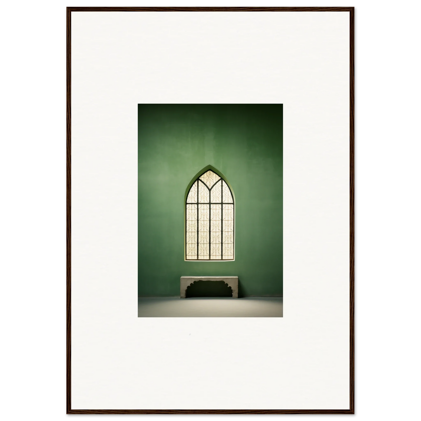 Gothic arched window above a cozy bench in Evermind Greenthaum special edition art™