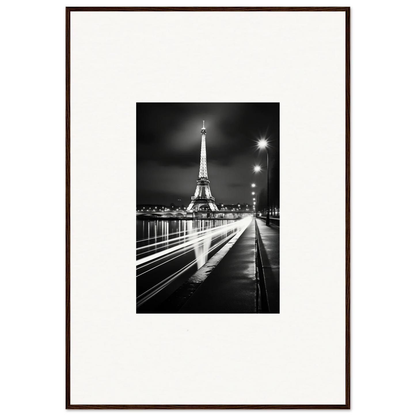 Illuminated Eiffel Tower in black and white for Ghosts of Luminosity premium framed wall art