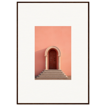 Arched wooden door with stone steps on a coral wall for an Ethereal Sunset Gateway