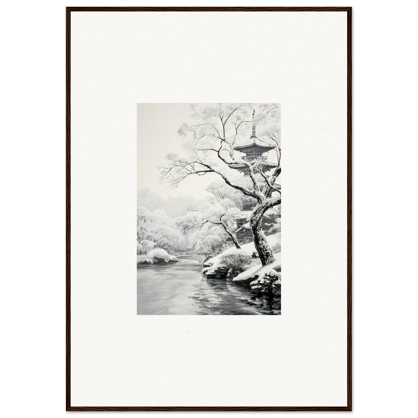 Framed Wall Art of Timeless Snow Fables with a snowy river and bare trees