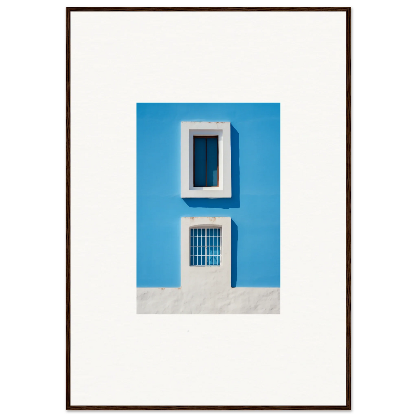 Blue wall with a white-framed window and barred door in Isles Encompassed Vista framed wall art