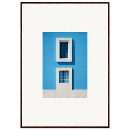 Blue wall with a white-framed window and barred door in Isles Encompassed Vista framed wall art