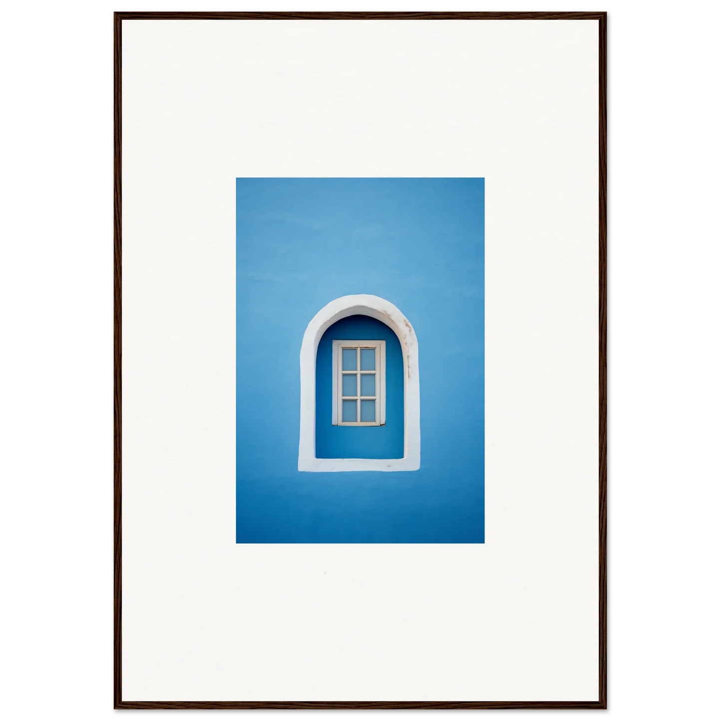 Arched white window frame on blue wall, perfect for Whispers Sky Mosaic art