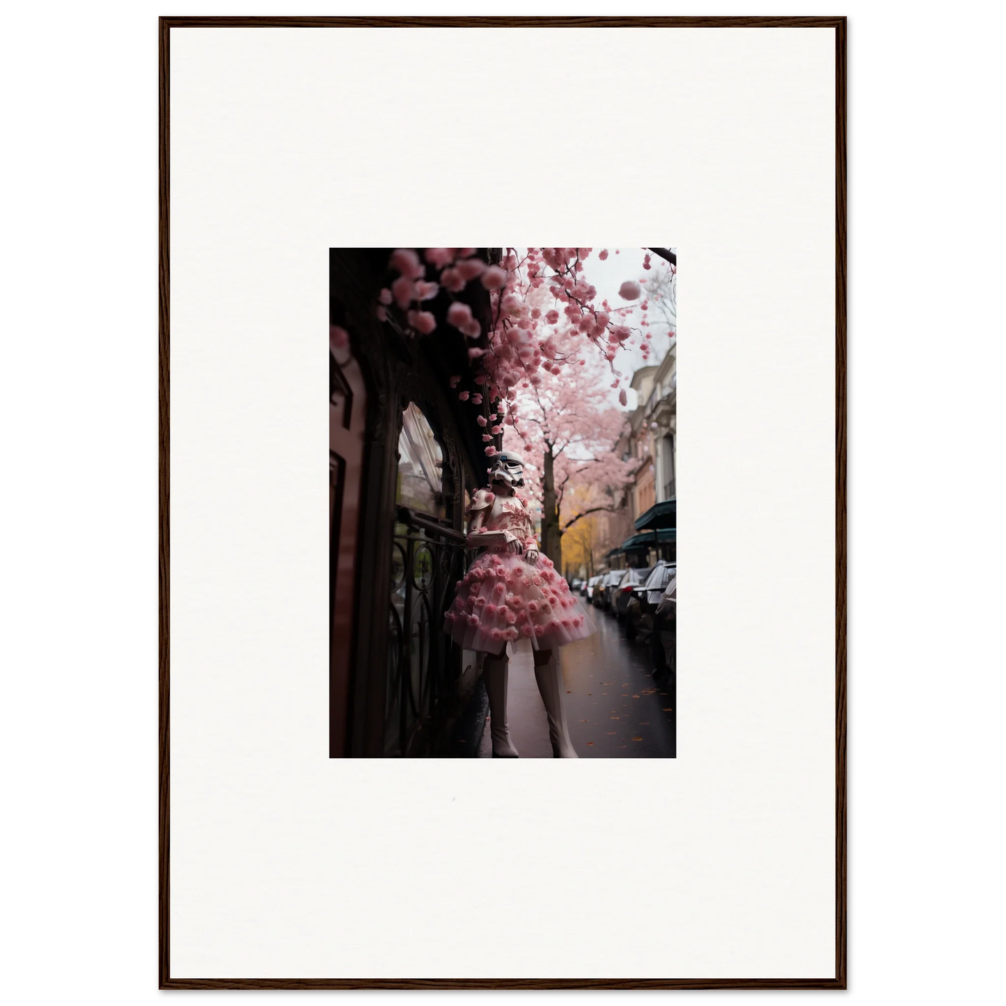 Cherry blossom tree blooms on city street in Petal Eccentricity Revealed framed wall art