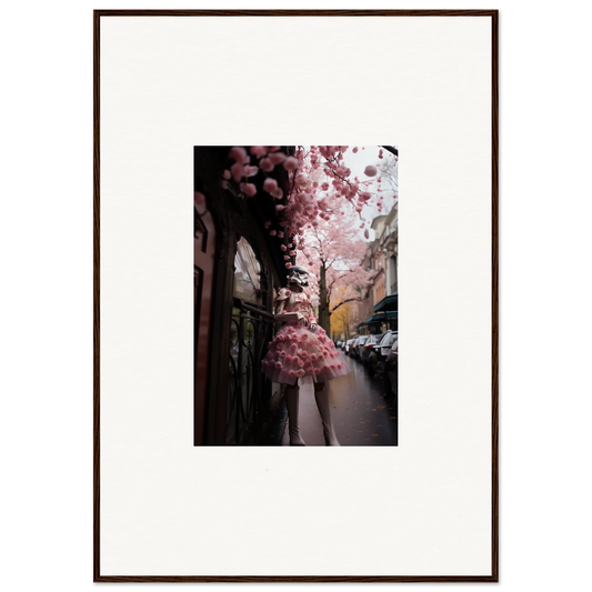 Cherry blossom tree blooms on city street in Petal Eccentricity Revealed framed wall art