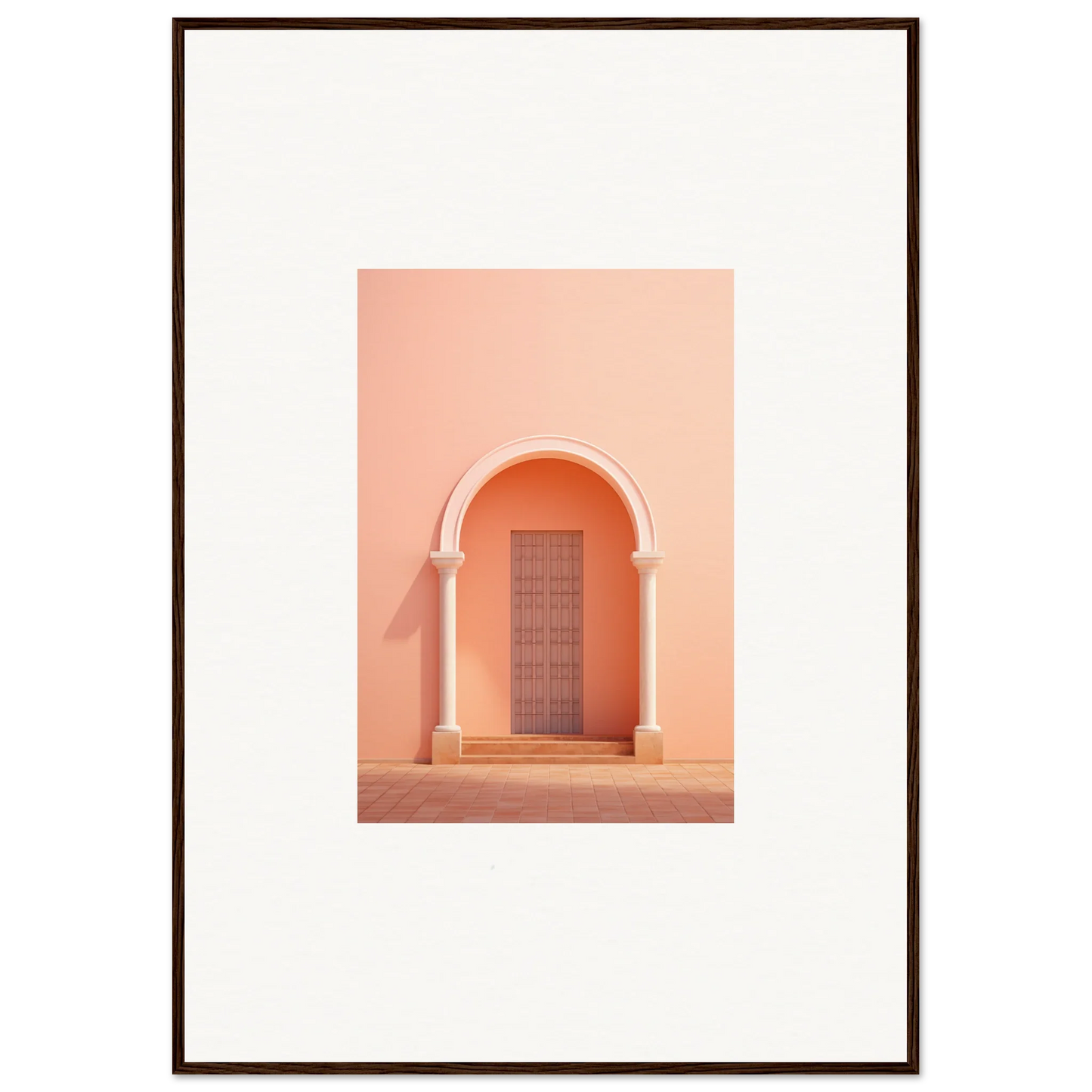 Arched wooden doorway on peachy-pink wall in Psychedelic Arches Discussionale design