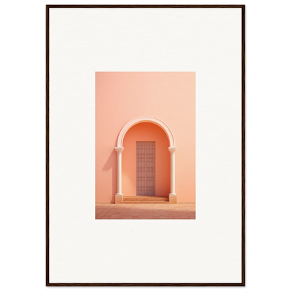 Arched wooden doorway on peachy-pink wall in Psychedelic Arches Discussionale design