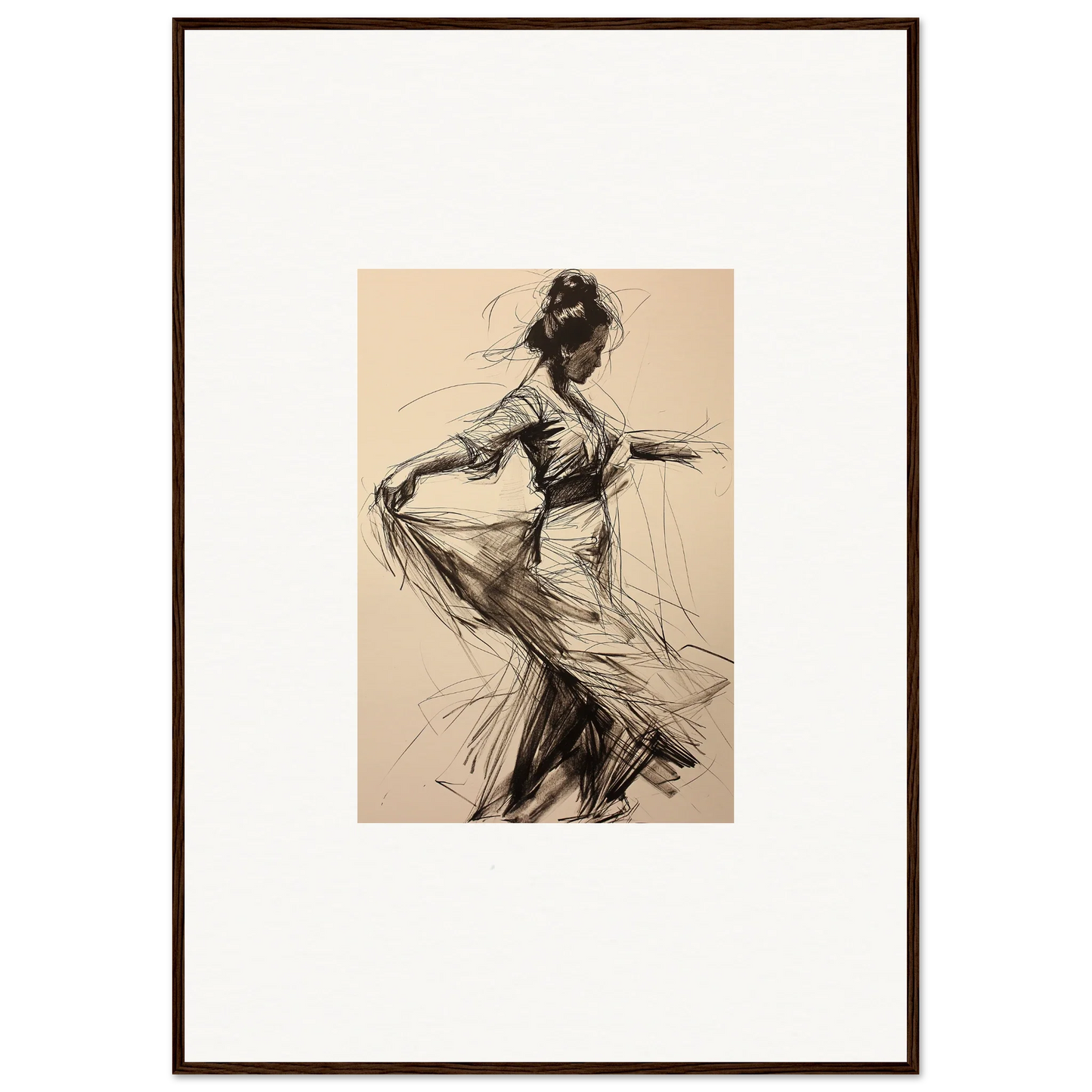 Expressive charcoal sketch of a dancer in flowing motion for Ephemeral Whirling Arcade