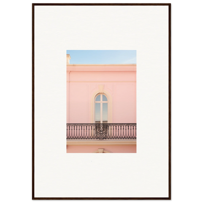 Arched window with a decorative iron balcony on a pink wall in Peach Tranquil Portal