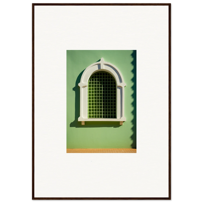 Arched Visible Equilibrium Window with decorative trim and green gridded glass