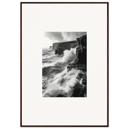 Dramatic waves crash on cliffs, showcasing Tempestuous Rock Ballet in black and white