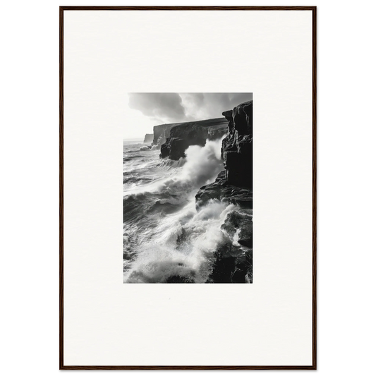 Dramatic waves crash on cliffs, showcasing Tempestuous Rock Ballet in black and white