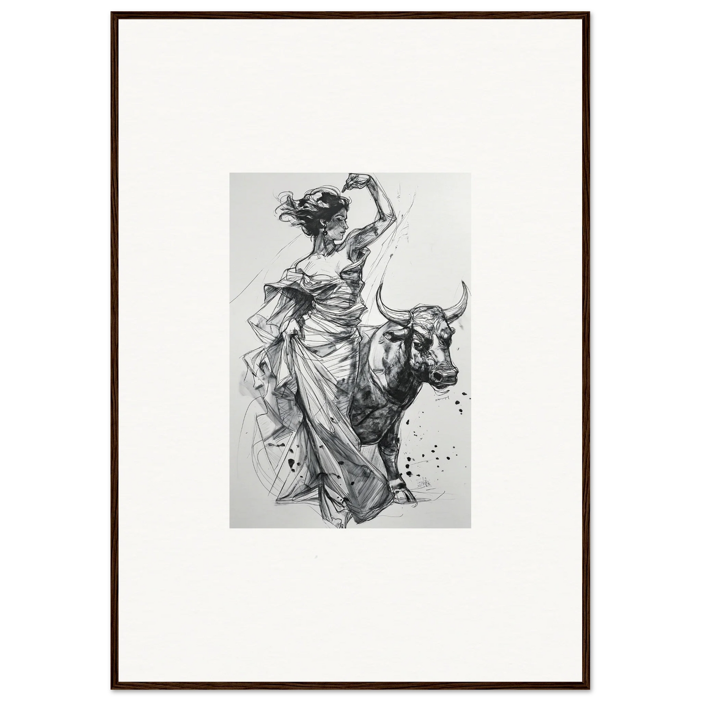 Dynamic black and white sketch of a woman dancing with a bull in Tauripe Mystique Visions