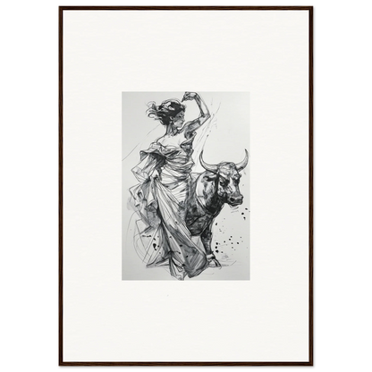 Dynamic black and white sketch of a woman dancing with a bull in Tauripe Mystique Visions