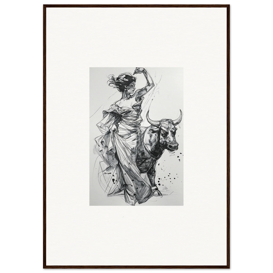 Dynamic black and white sketch of a woman dancing with a bull in Tauripe Mystique Visions