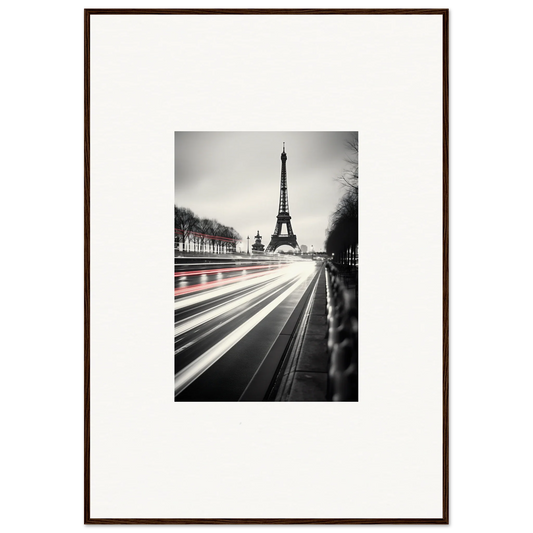 Framed black and white Eiffel Tower photo with light trails in Eternal Windsweep Halo