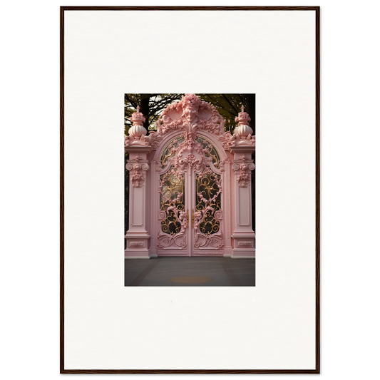 Ornate pink baroque gates with scrollwork showcasing Opulent Doorscape Divinity