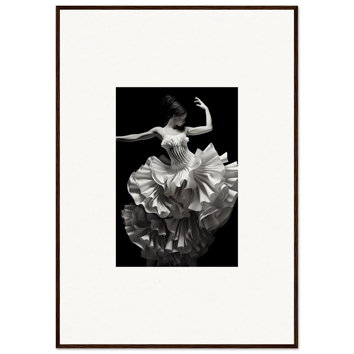 Dancer in a ruffled white dress showcasing Tangled Luminous Laces in special edition art™