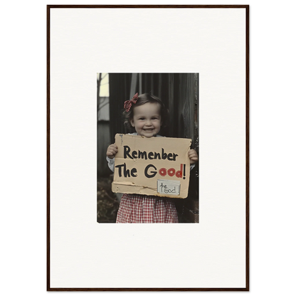 Framed photo of a person with a sign saying Remember The Good for Smiles Forlornly Singing