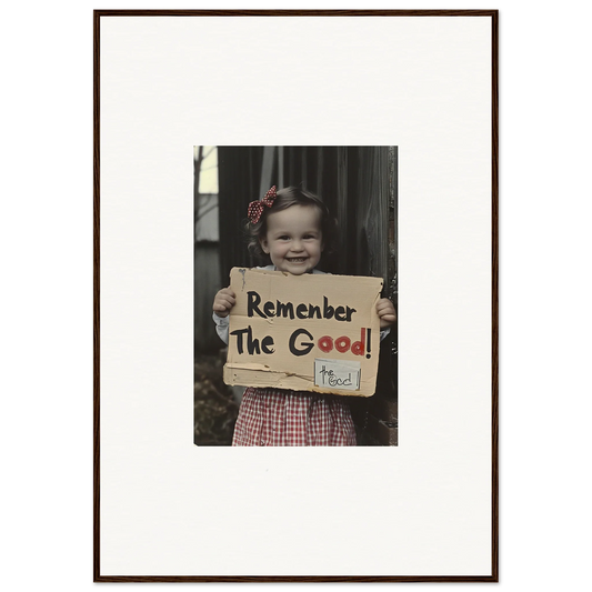 Framed photo of a person with a sign saying Remember The Good for Smiles Forlornly Singing