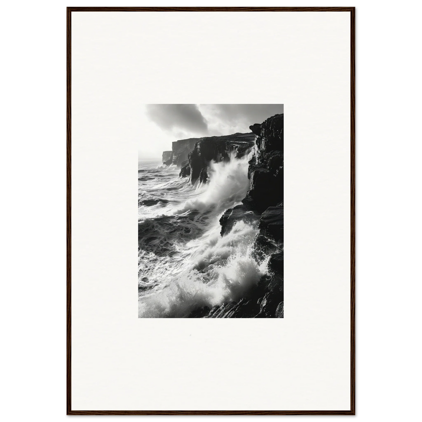 Dramatic ocean waves crash on cliffs in a Rock Impressions special edition art™ piece