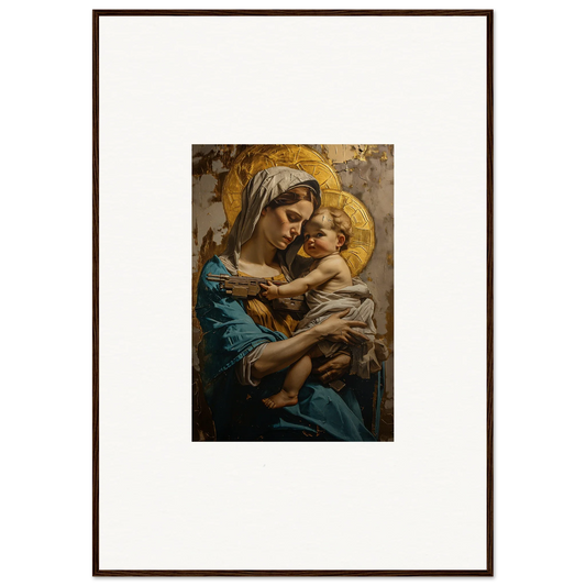 Framed painting of woman and baby with halos, perfect wall art for room decoration