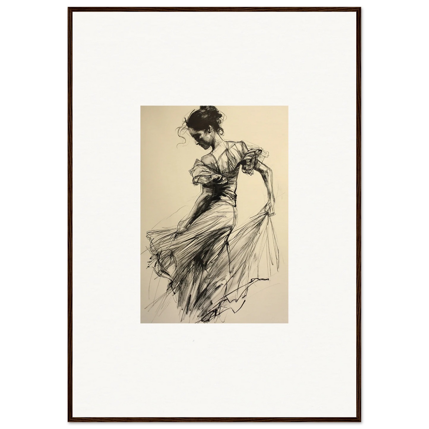 Elegant sketch of a woman in flowing dress from Ethereal Pause Beneath special edition art™