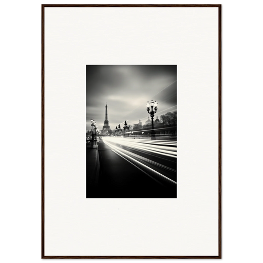 Black and white Eiffel Tower photo with light trails, perfect for framed wall art