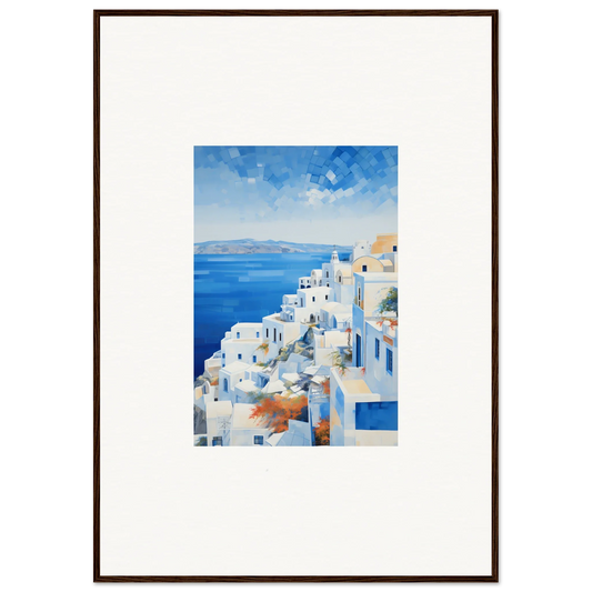 Framed wall art of Ethereal Azure Echoes with white buildings on a coastal hillside