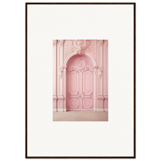 Ornate pink door with moldings and brass handle from Blush Merciful Renaissance collection