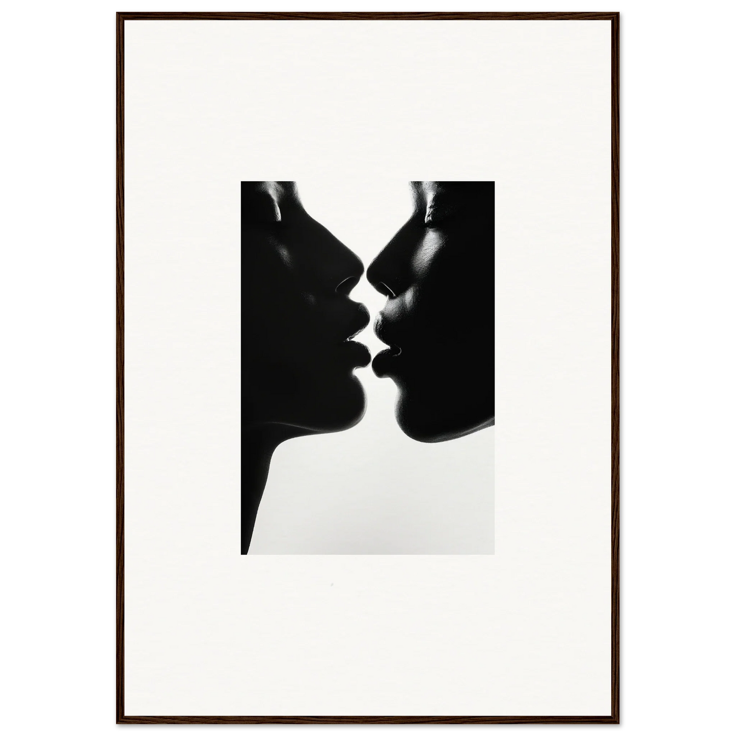 Two silhouetted profiles about to kiss in Luminous Midnight Kiss framed wall art