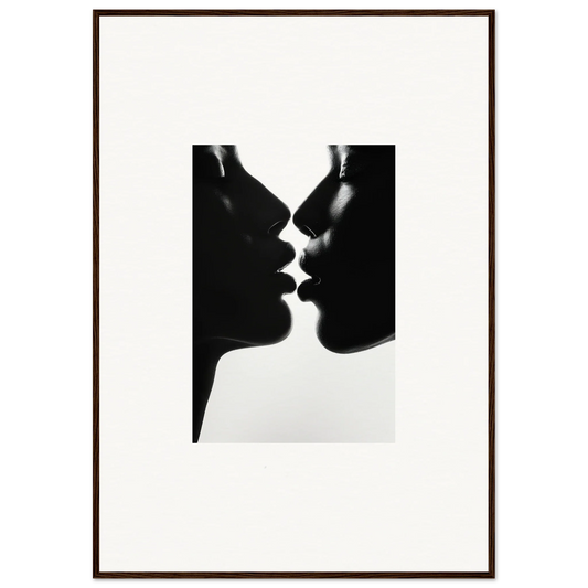 Two silhouetted profiles about to kiss in Luminous Midnight Kiss framed wall art