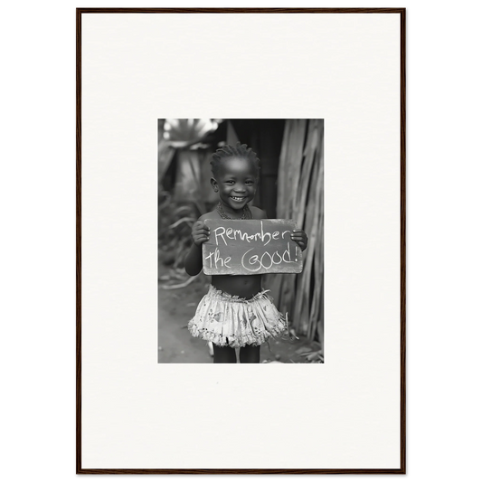 A child in a tutu holds a sign saying Remember the GOOD in Chromatic Joy Ancients art