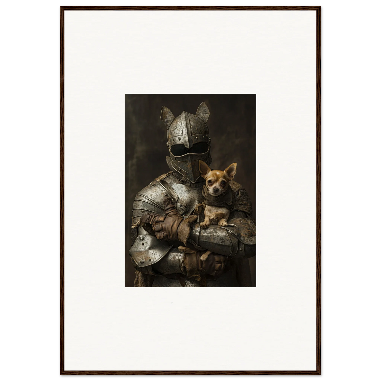 Medieval knight in armor with a dog in Serene Steel Whispers framed wall art