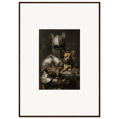 Medieval knight in armor with a dog in Serene Steel Whispers framed wall art