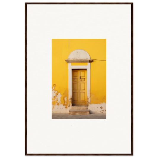 Wooden door with ornate white trim on yellow wall from Golden Portal Dream collection