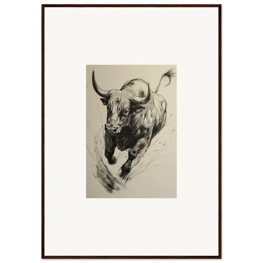 Dramatic black and white Charging Bull in Midnight Thunder Waltz framed wall art