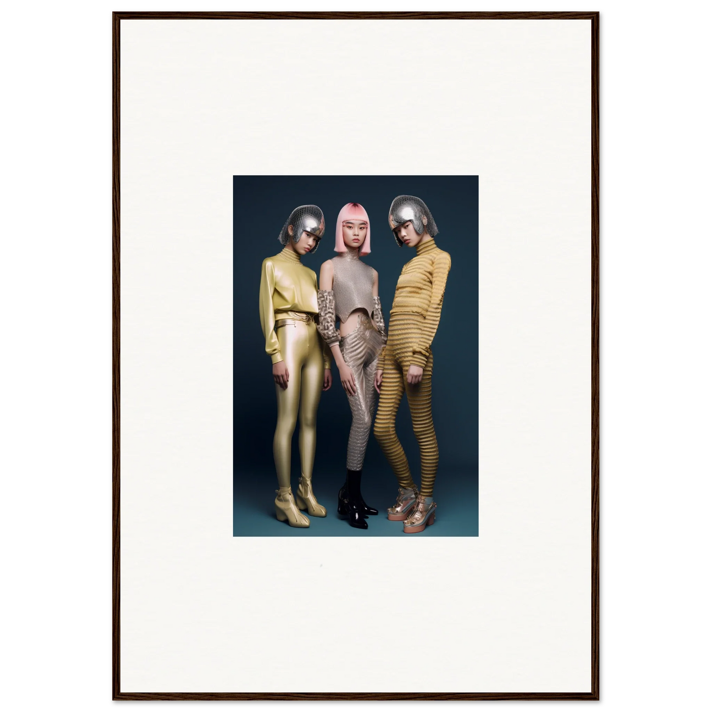 Three people in metallic bodysuits showcasing the Galactic Fashion Paradigm vibes