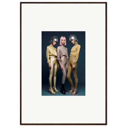 Three people in metallic bodysuits showcasing the Galactic Fashion Paradigm vibes