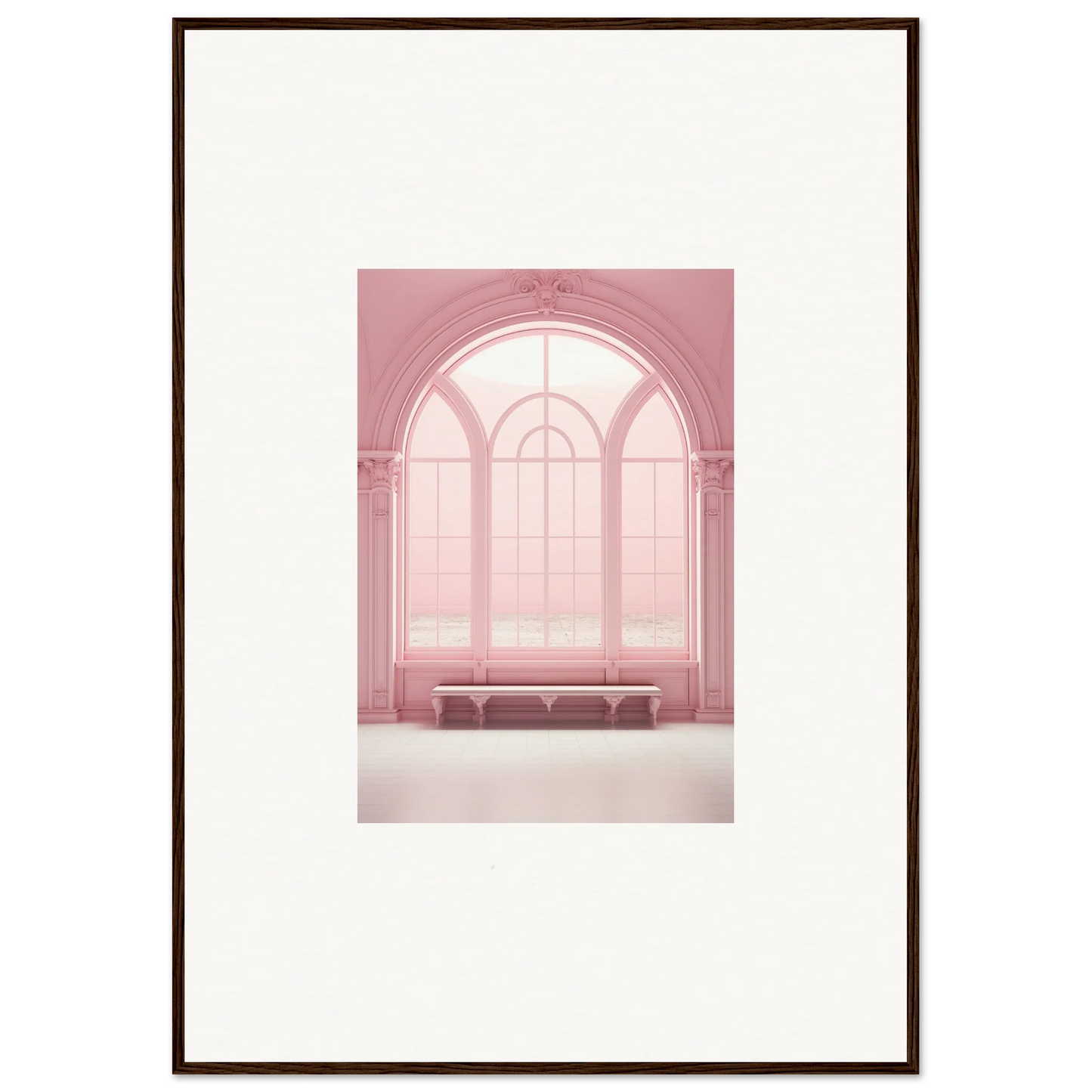 Arched pink window with a cozy bench, perfect for Solitude’s Rosy Asana art display