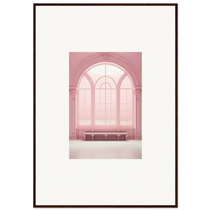 Arched pink window with a cozy bench, perfect for Solitude’s Rosy Asana art display